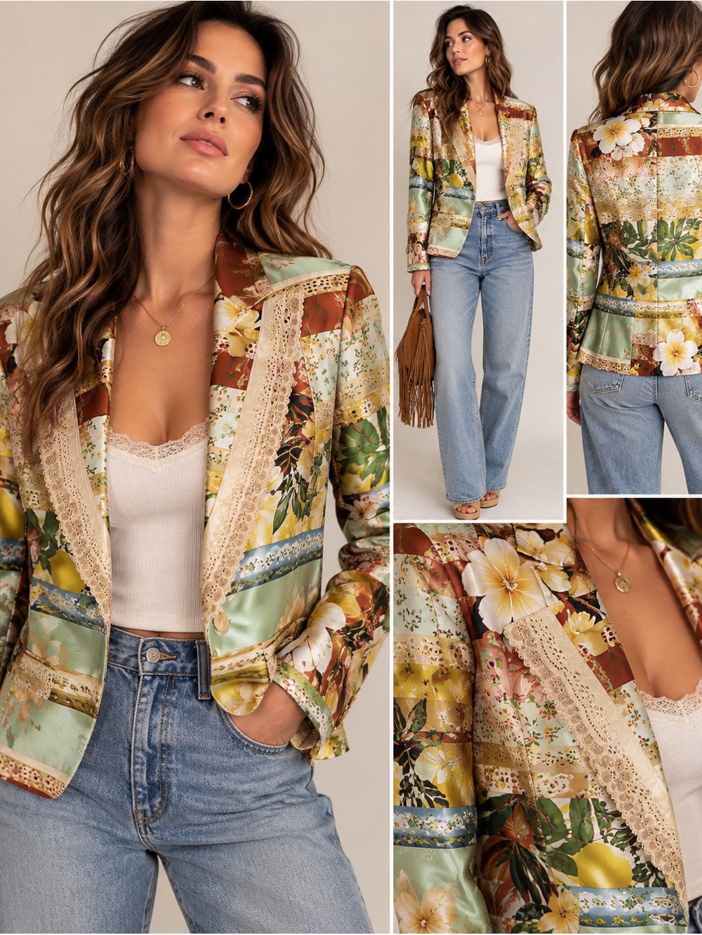 Vintage Alberto Makali Statement Jacket | Floral Patchwork | Lace Trim | 90s Art